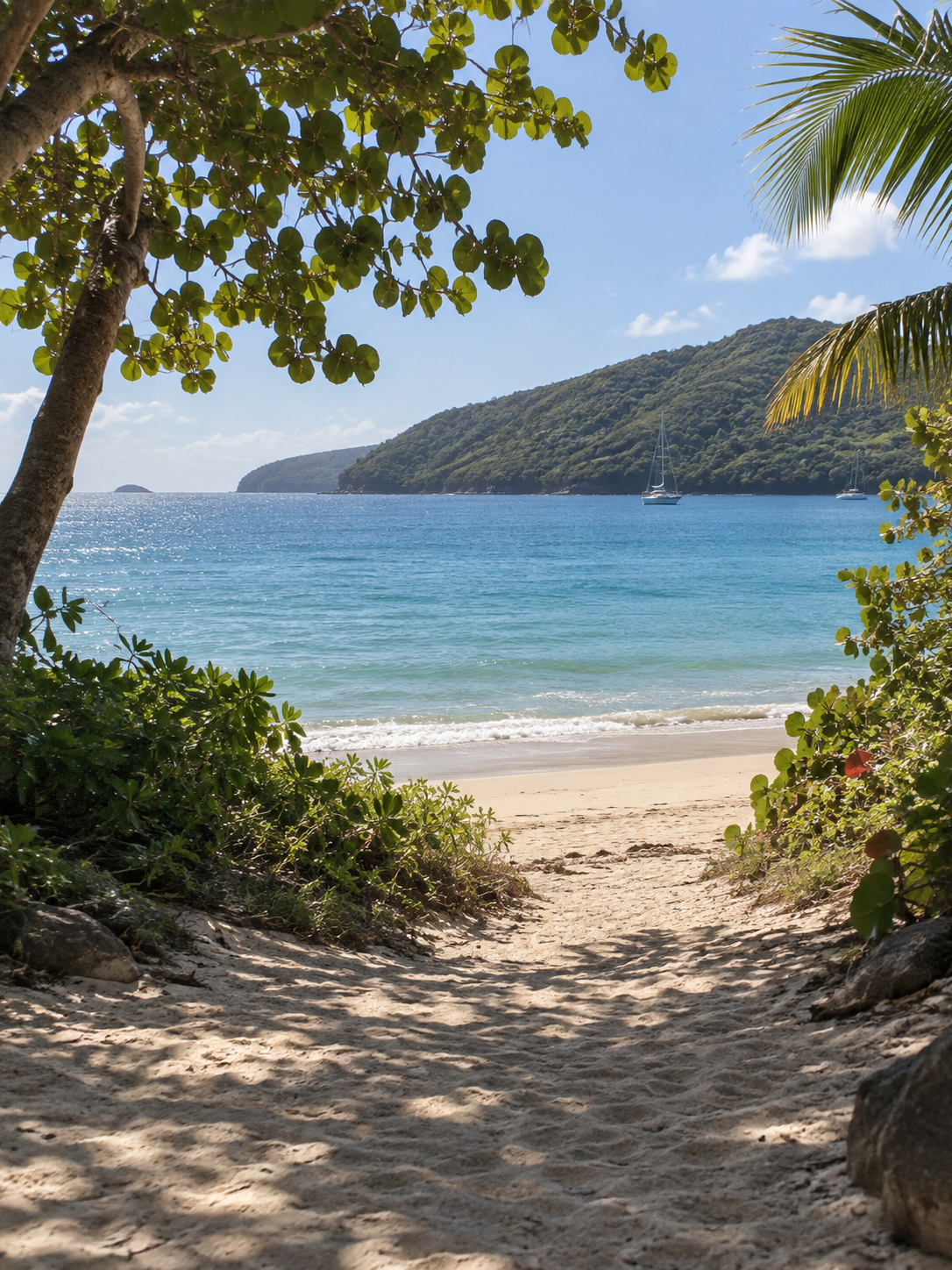 Visuel d’ambiance généré : un sentier ombragé vers une plage tropicale